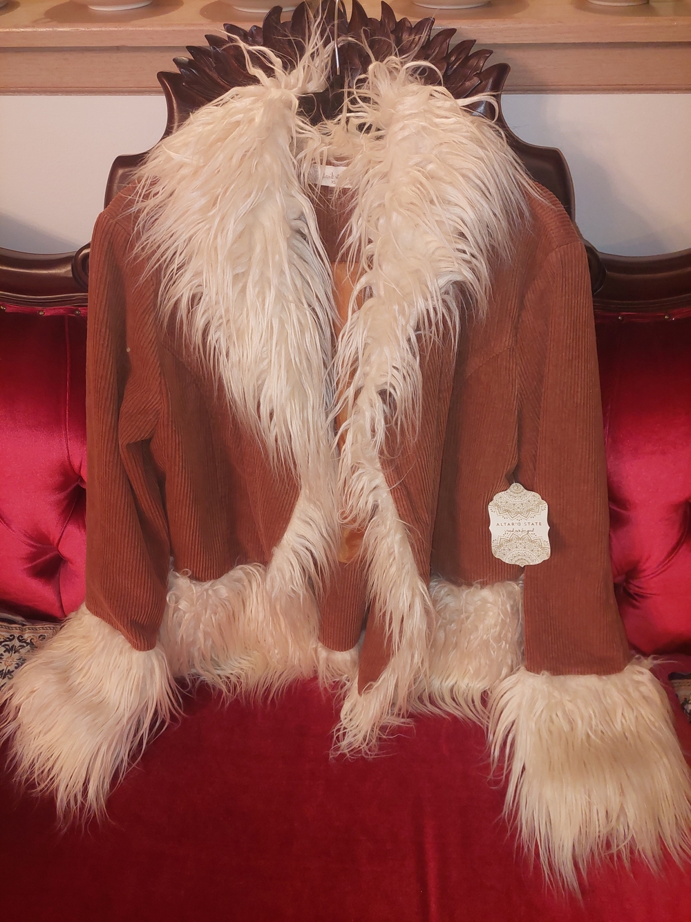 Altar'd State Autumn Brown Corduroy Teddy Jacket with Cream Faux-Fur Trim